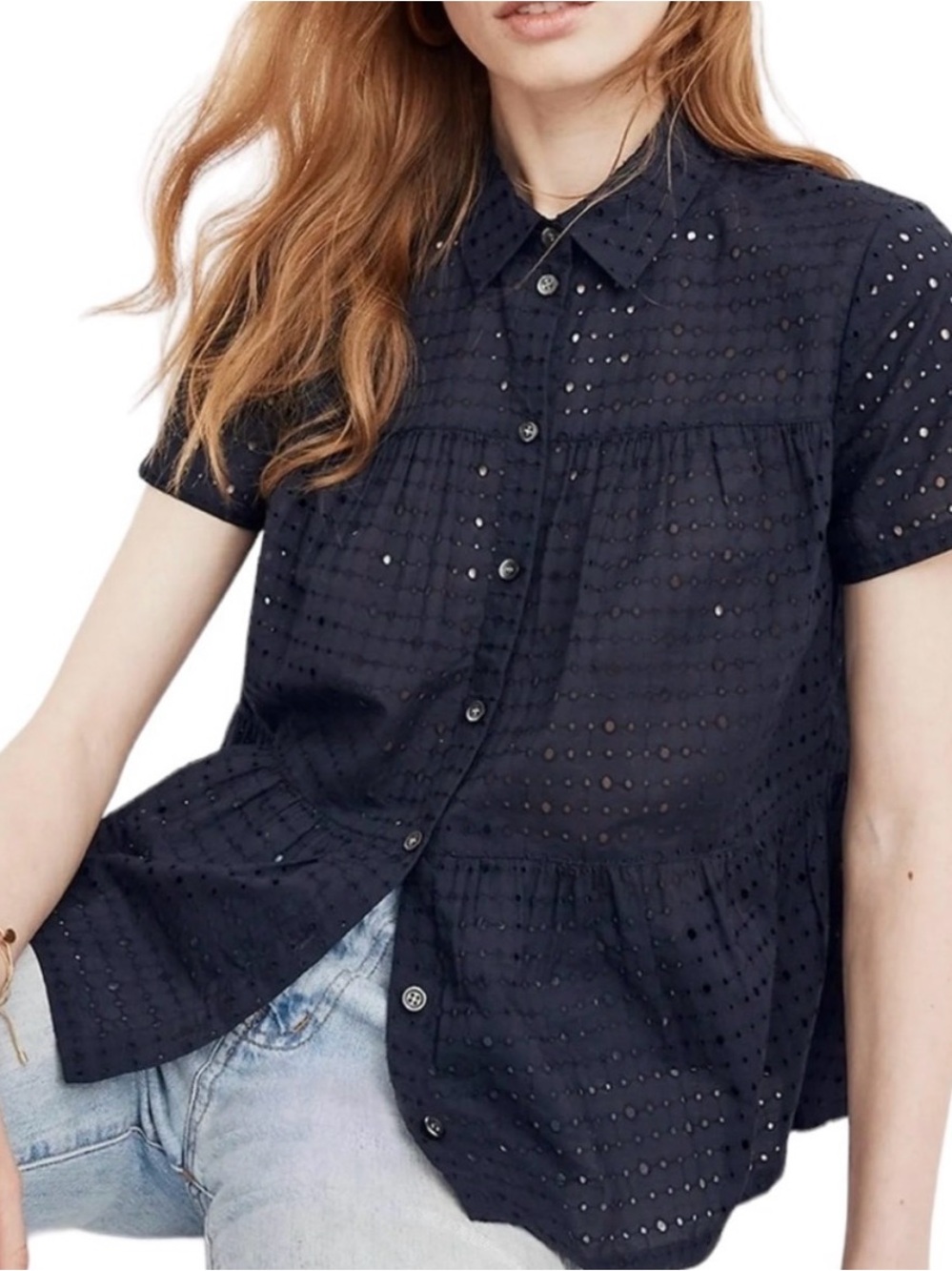 Madewell Navy Eyelet Short-Sleeve Button-Down Top